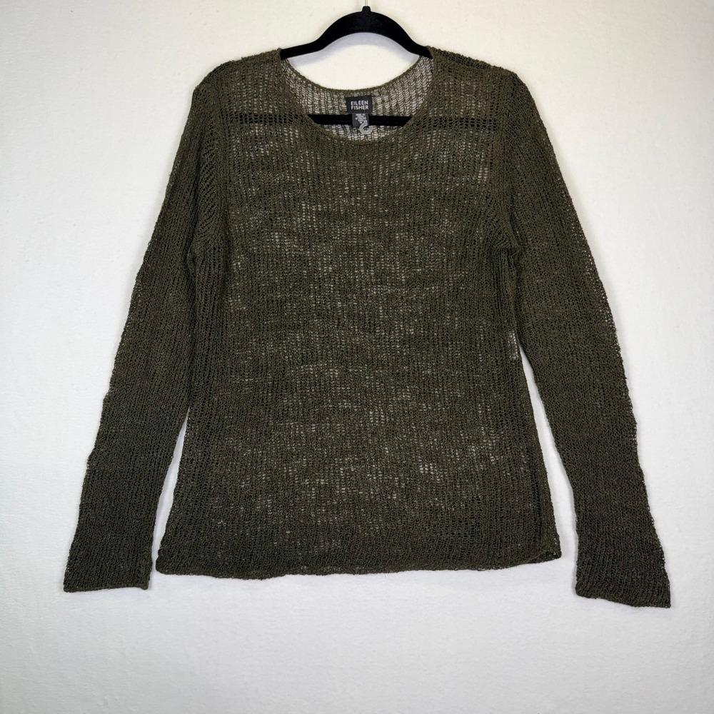 Eileen Fisher Olive Green Open Knit Linen Blend Sweater M Boho Coastal Langen